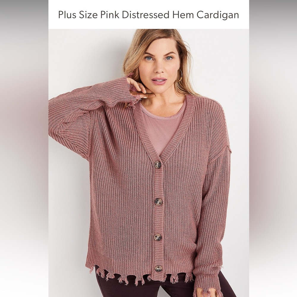 Distressed pink plus size cardigan